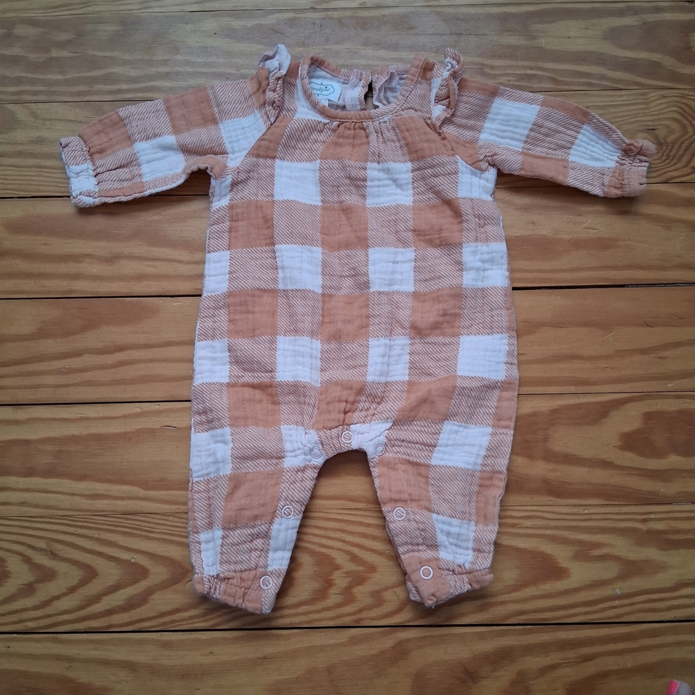 Mud Pie Plaid Kids Footie in Peach and White